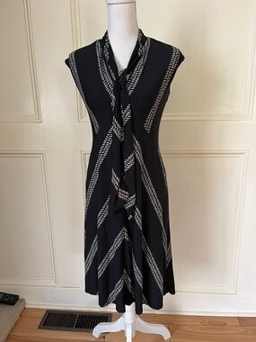 Nine West Black and White Rope-Stripe Tie-Neck Midi Dress